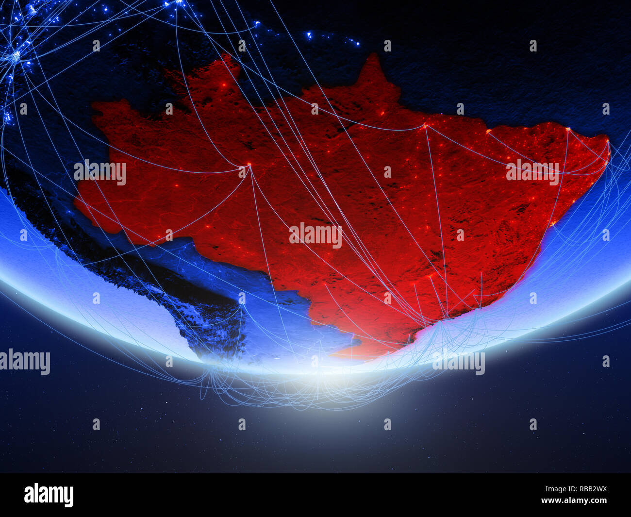 Brazil on green model of planet Earth with network representing blue ...