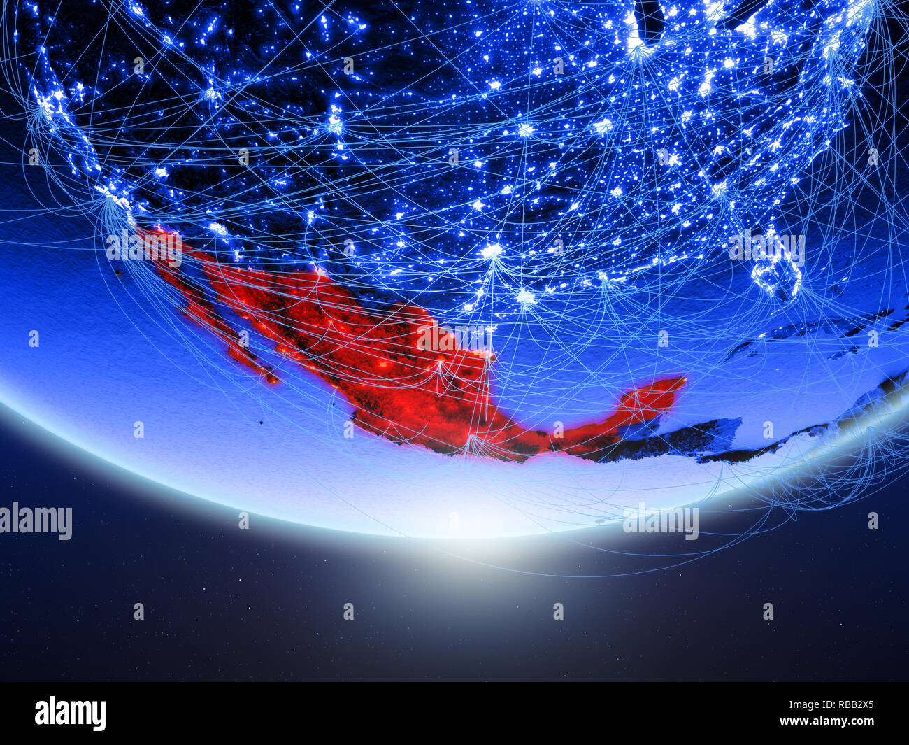 Mexico on green model of planet Earth with network representing blue ...
