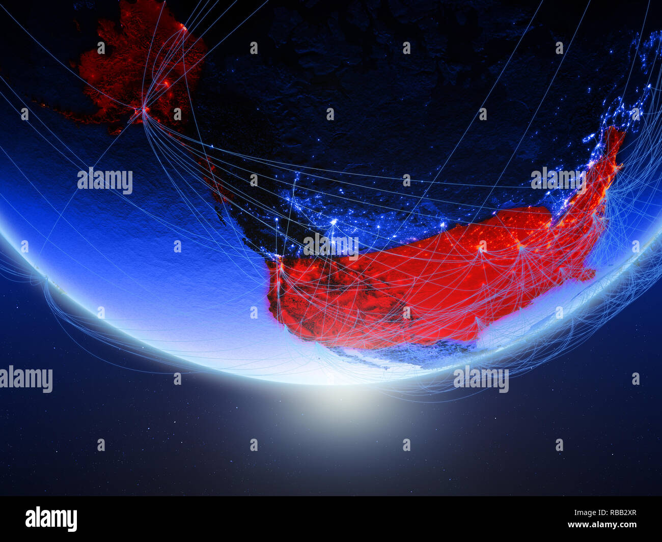 USA on green model of planet Earth with network representing blue ...