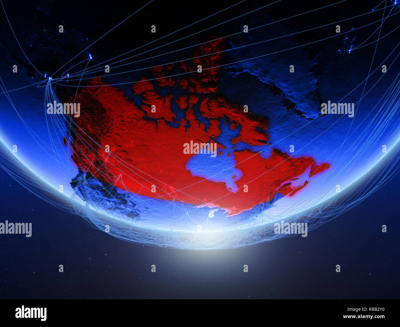 Canada on green model of planet Earth with network representing blue ...