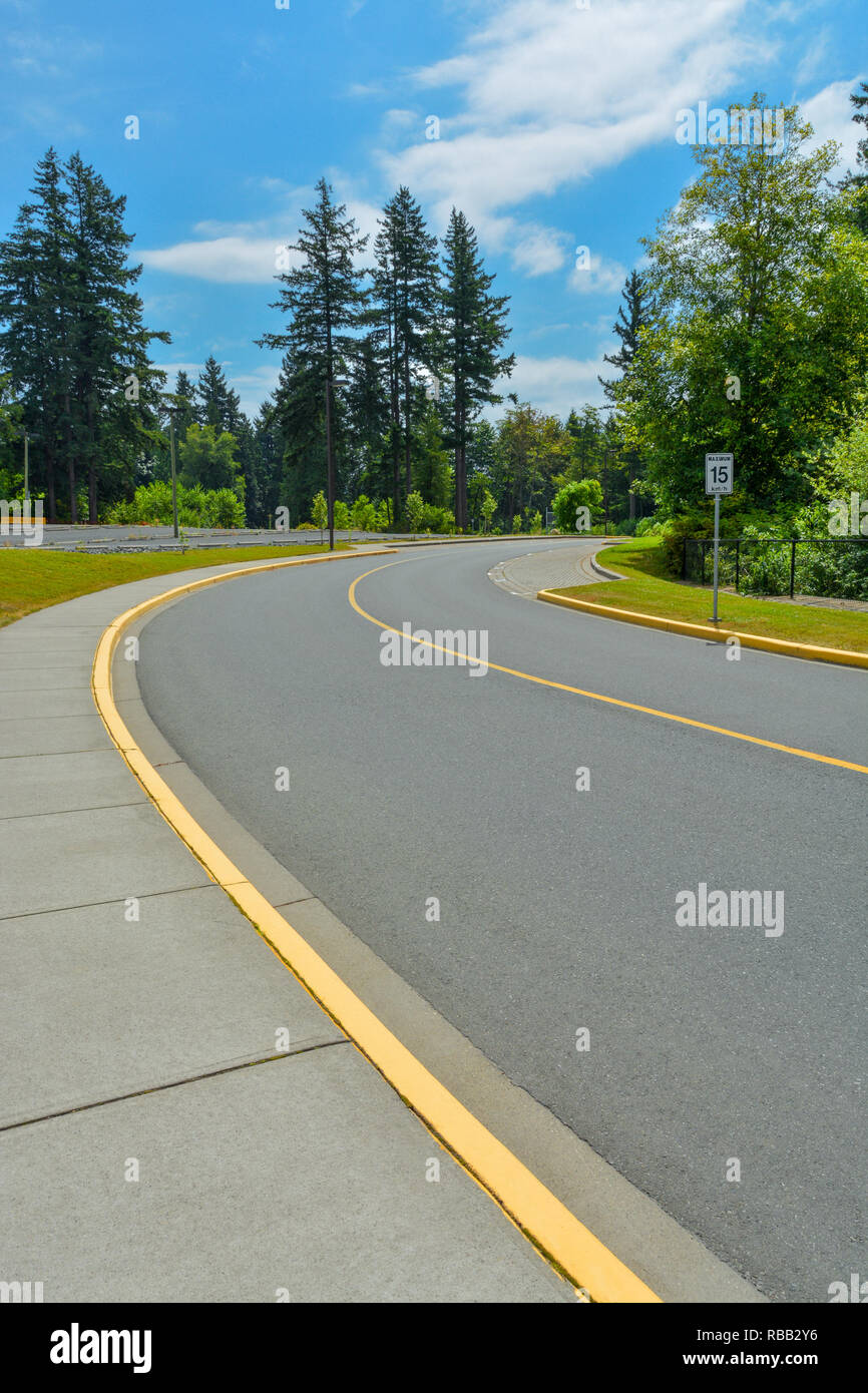 Road curve with 15kmh speed limit leading to the forest Stock Photo Alamy