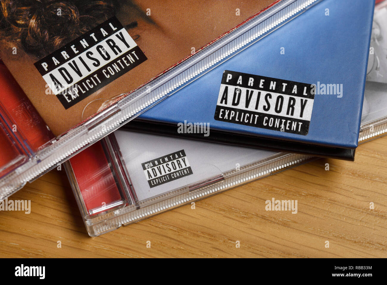 Parental Advisory labels on compact disc cases Stock Photo