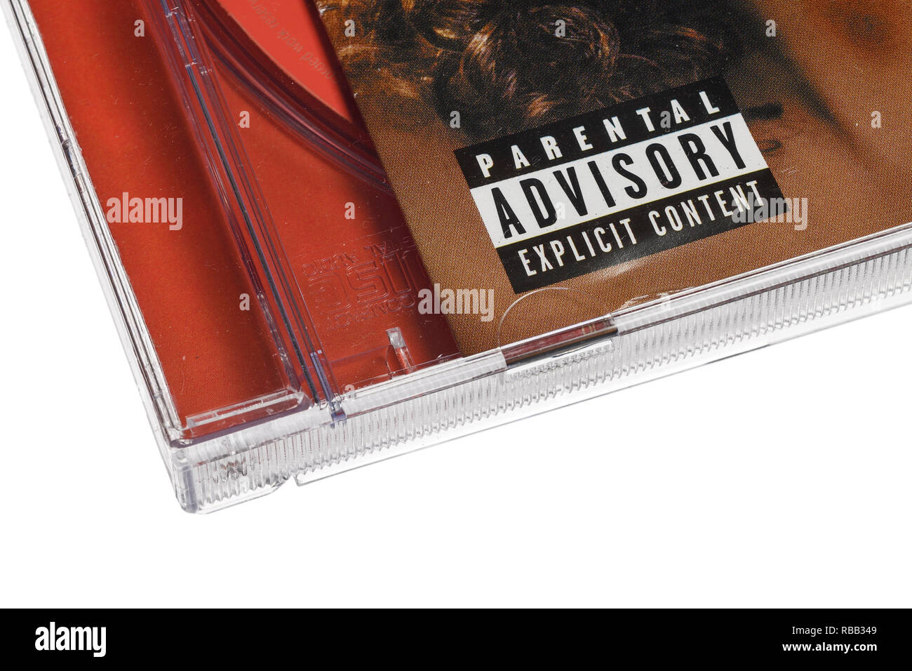 A Parental Advisory label on a compact disc case Stock Photo