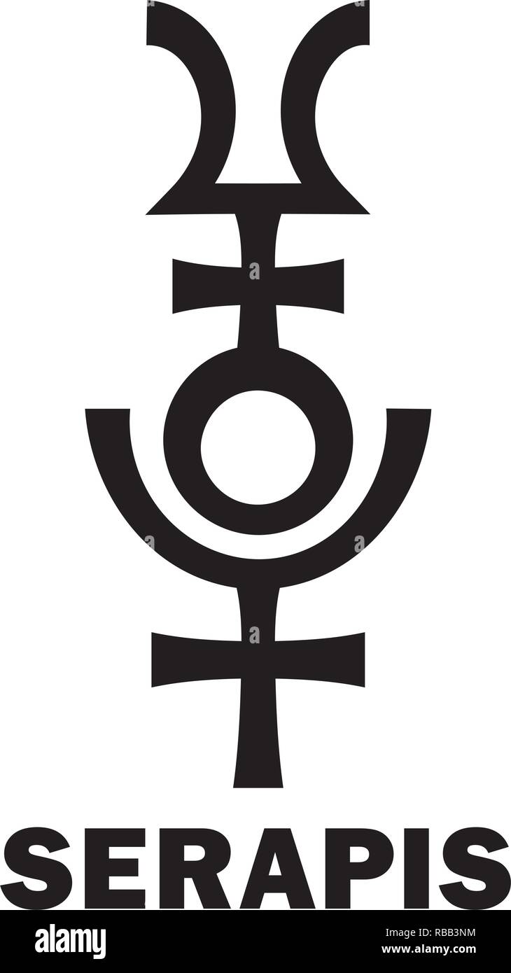 Astrology Alphabet: SERAPIS / Osiris-Apis (Userhapi), Hellenistic Egyptian god of abundance, fertility, underworld and afterlife. Hieroglyphic sign. Stock Vector
