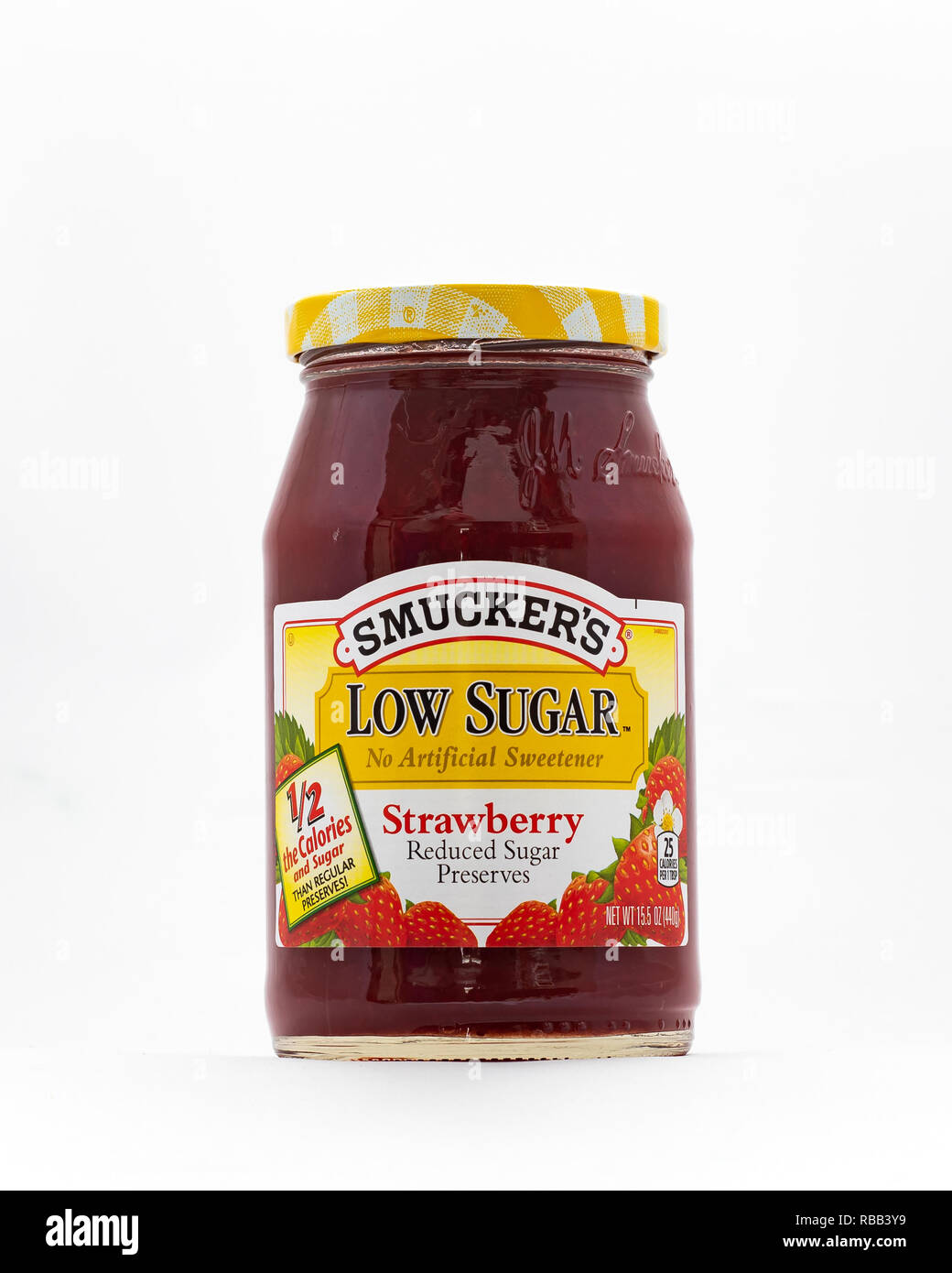 A jar of Smucker's Low Sugar Strawberry preserves. Stock Photo