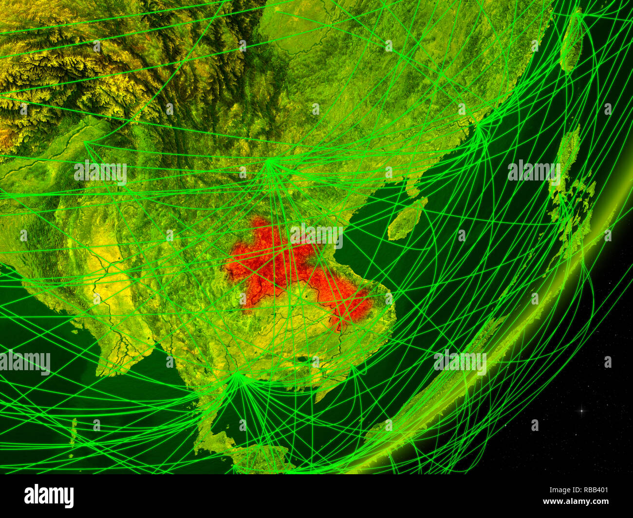 Laos on green model of planet Earth with network at night. Concept of ...