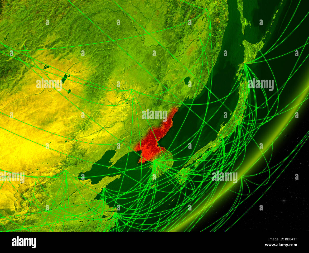 North Korea on green model of planet Earth with network at night ...