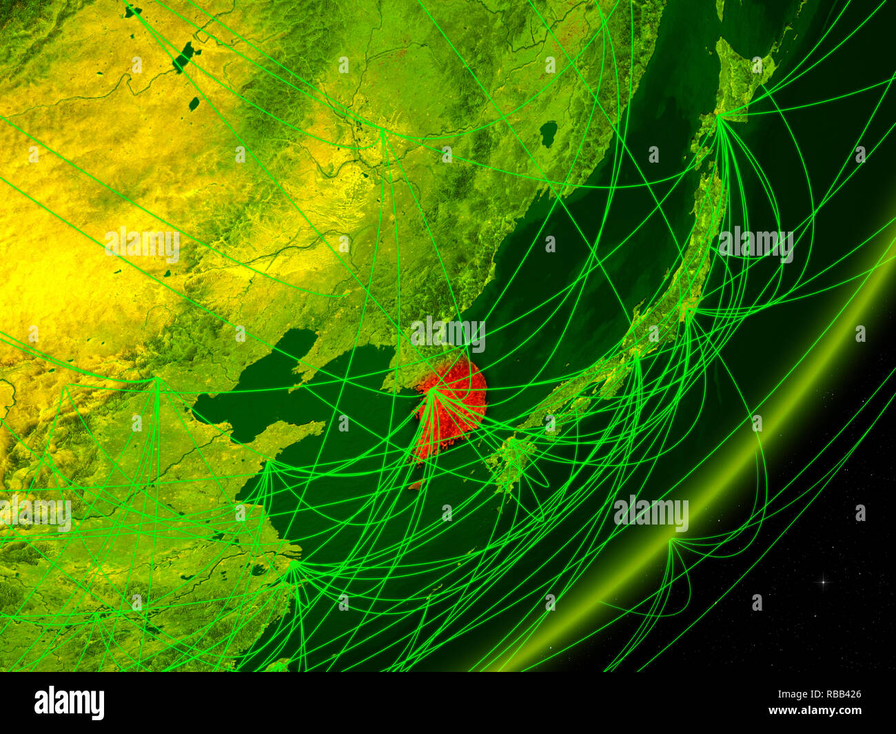 South Korea on green model of planet Earth with network at night ...