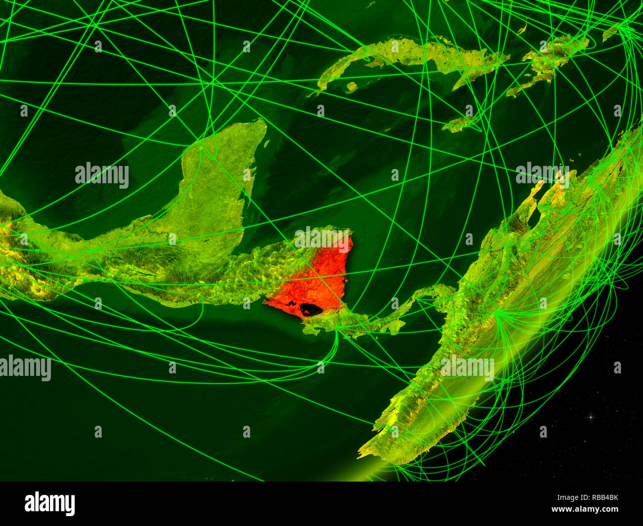 Nicaragua on green model of planet Earth with network at night. Concept ...