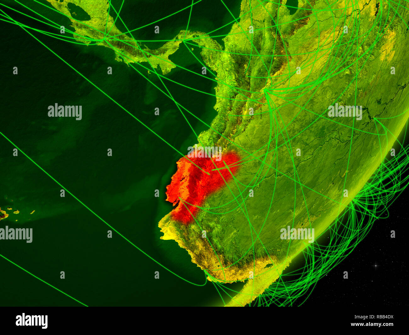 Ecuador on green model of planet Earth with network at night. Concept ...