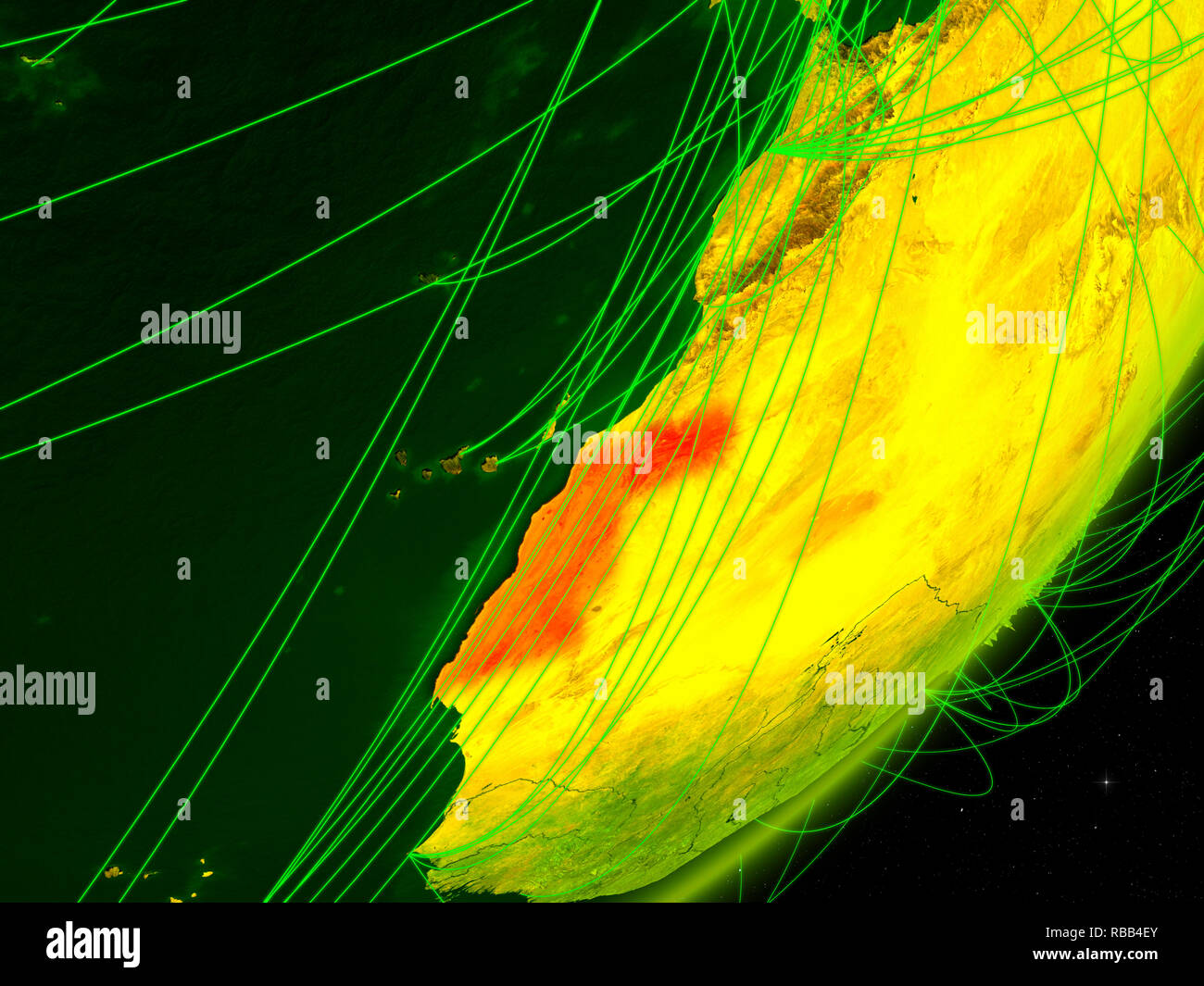 Western Sahara on green model of planet Earth with network at night ...