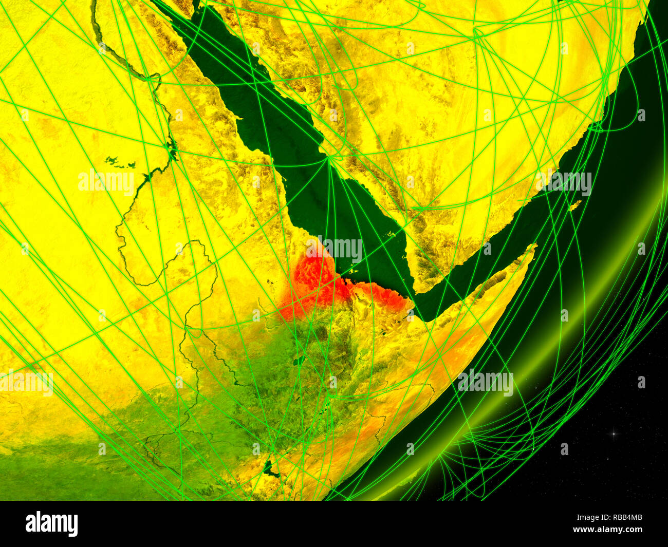 Eritrea on green model of planet Earth with network at night. Concept ...