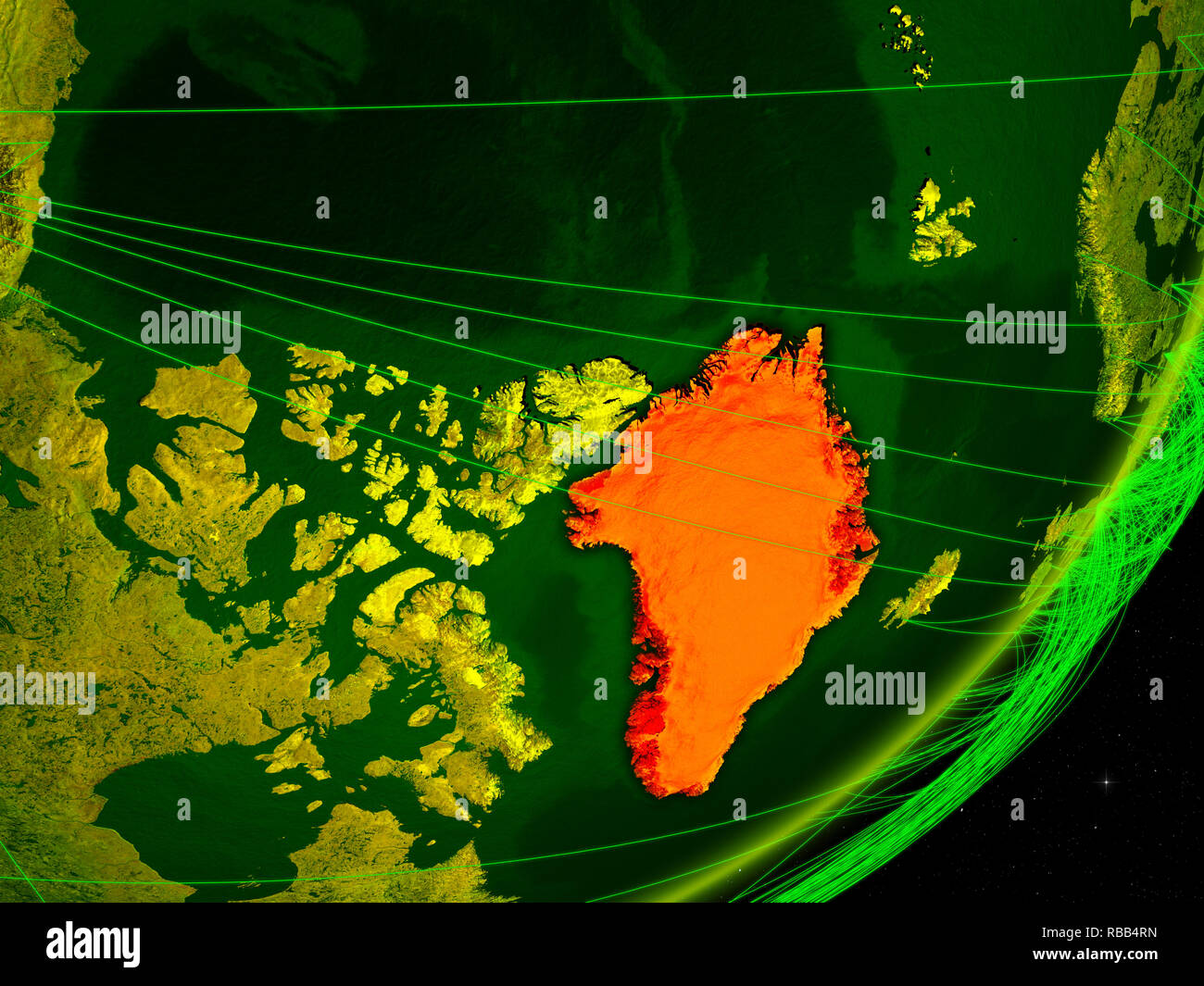 Greenland on green model of planet Earth with network at night. Concept ...