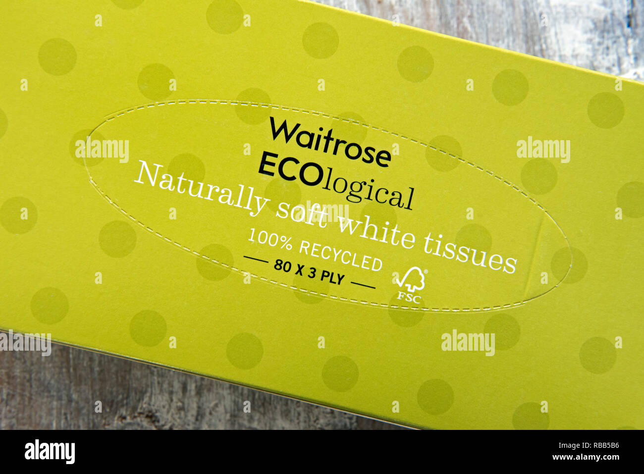 Box of Waitrose Ecological recycled paper handkerchiefs or tissues. Stock Photo