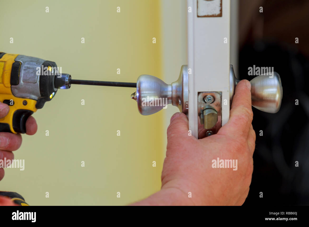 Installation Locked Interior Door Woodworker Hands Install Lock