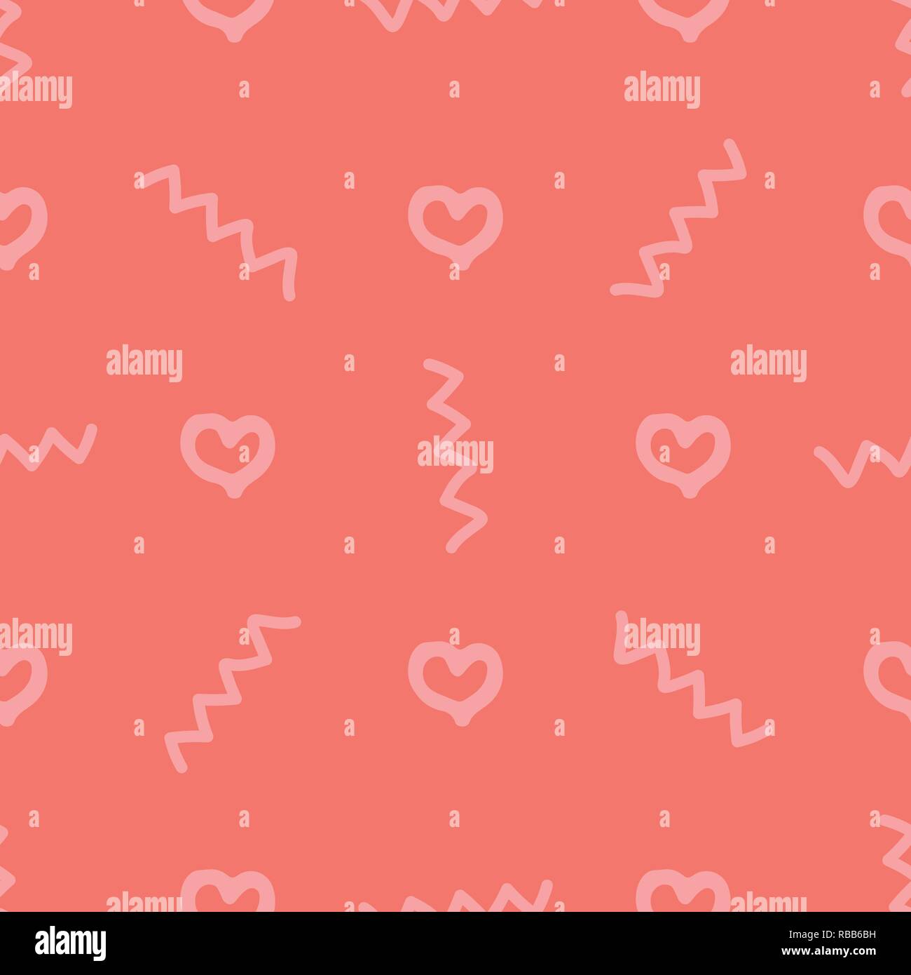 Seamless vector illustration with waves and heart shapes on coral color background. Stock Vector