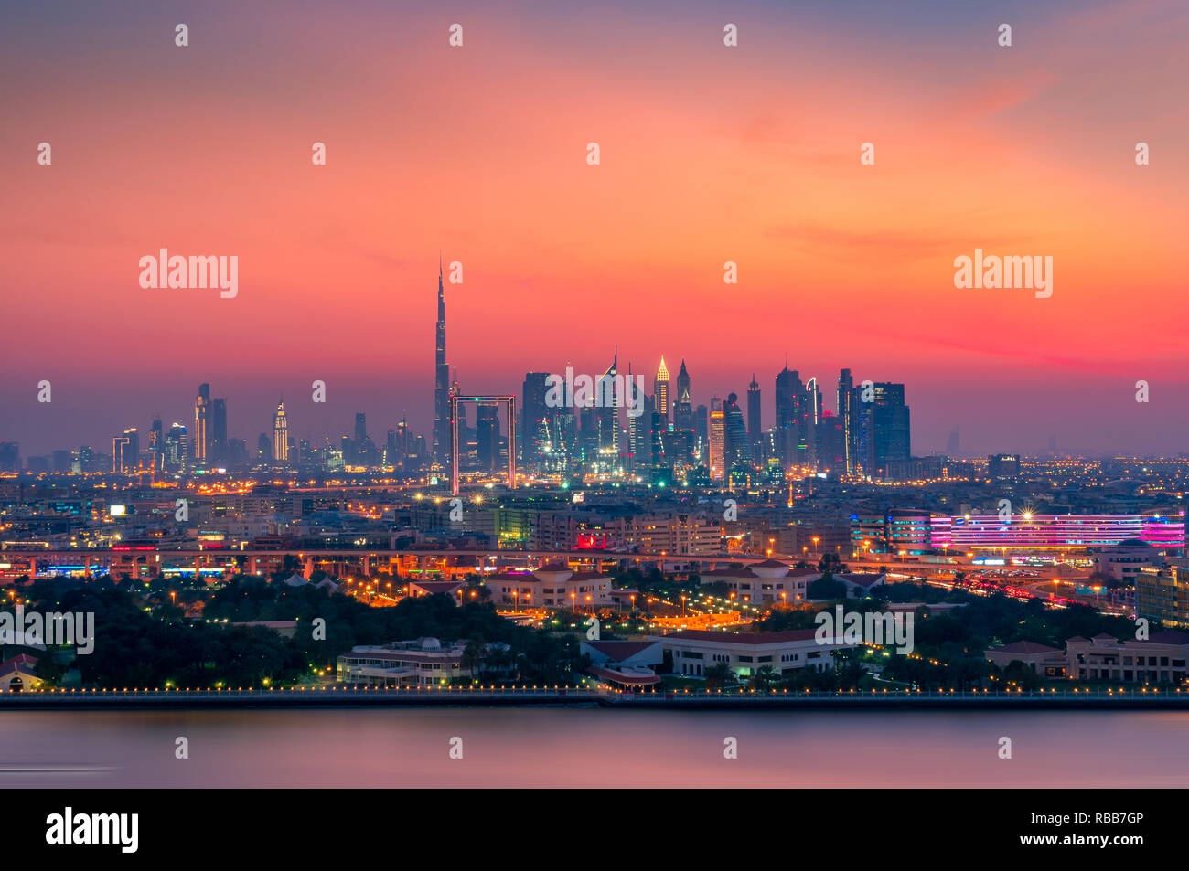 Beautiful skyline of Dubai city at night in United Arab Emirates Stock Photo