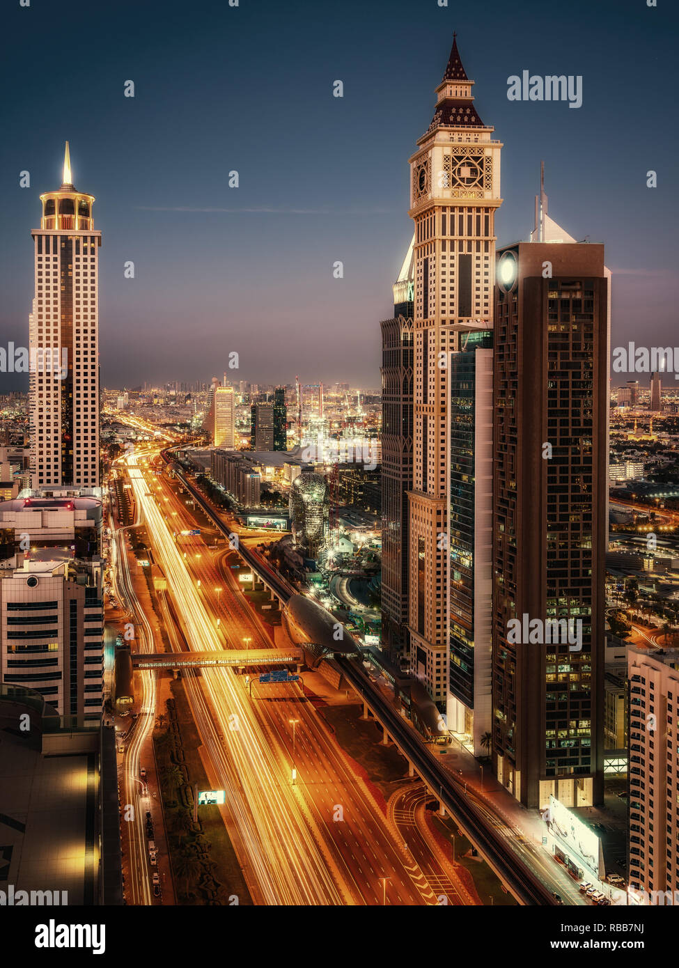 Beautiful rooftop view of Sheikh Zayed Road and skyscrapers in Dubai