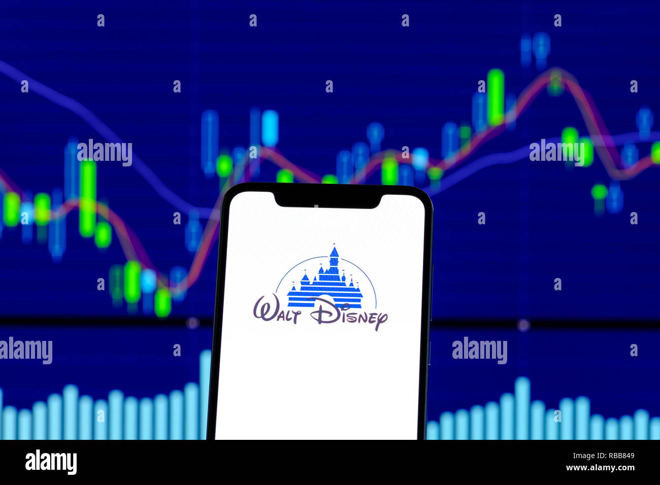 Walt Disney logo is seen on an smartphone over stock chart Stock Photo