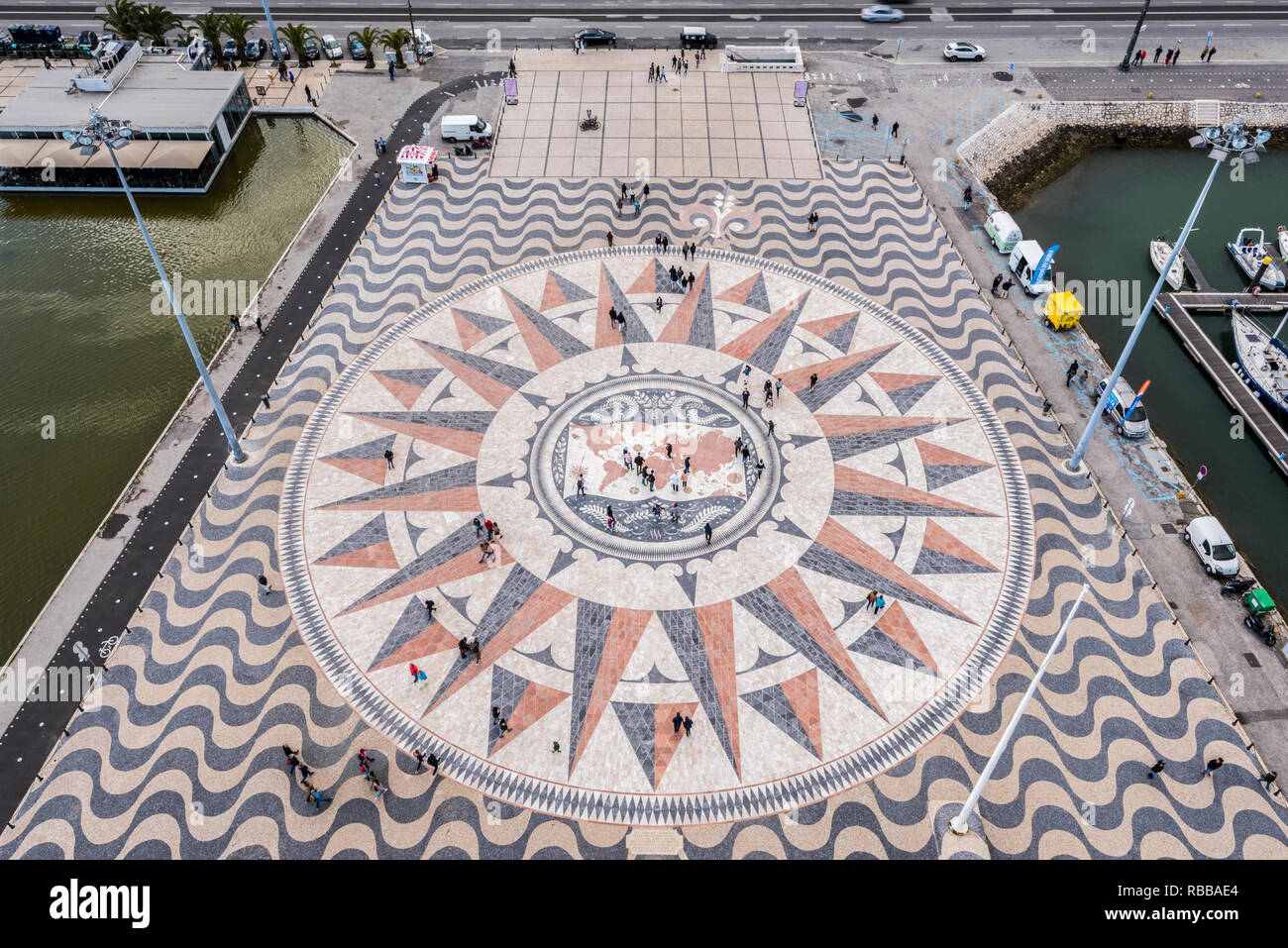 The wind rose on the square of the monument to the discoveries in Lisbon Stock Photo