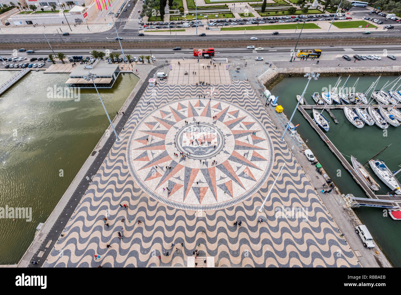 Overview of the square of the monument to the discoveries in Lisbon Stock Photo