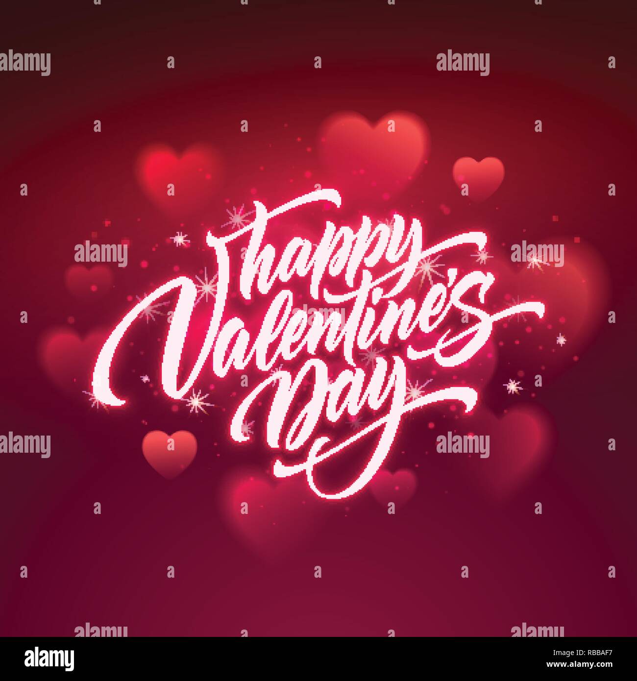 Happy valentines day handwritten text on blurred heart background. Vector illustration Stock Vector