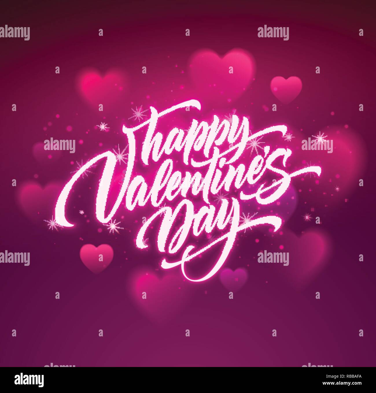 Happy valentines day handwritten text on blurred heart background. Vector illustration Stock Vector