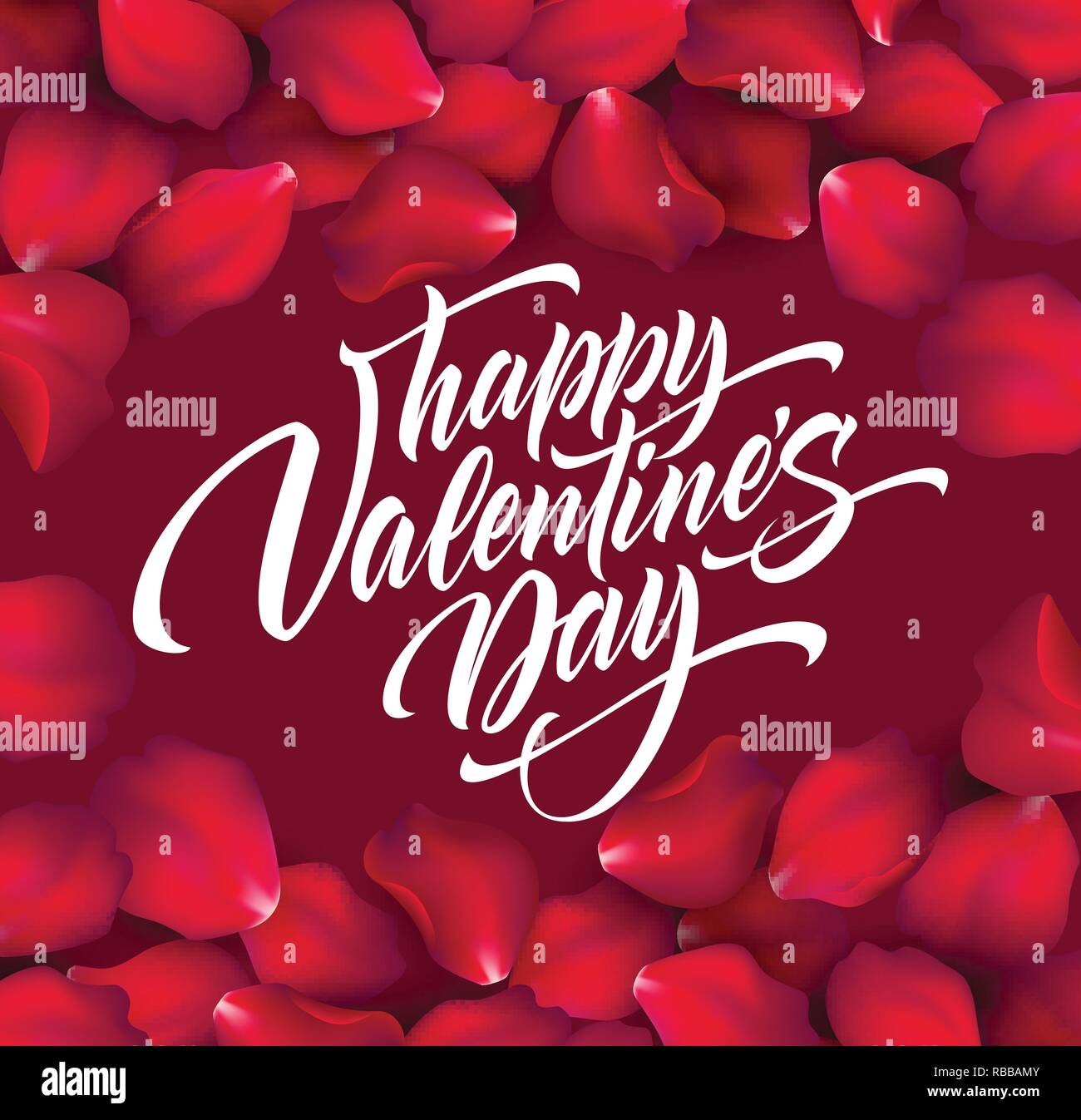 Happy Valentines day hand lettering, modern calligraphy, on rose petals colorful beautiful background. Vector illustration Stock Vector