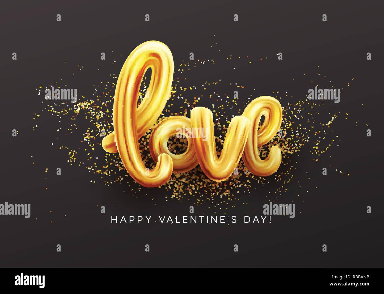 Gold letter love balloons. Shine glossy metallic balloons background. Vector illustration Stock Vector