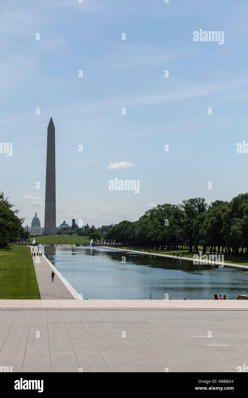 Washington Monument view from the reflecting pool. Washington DC, USA Stock Photo