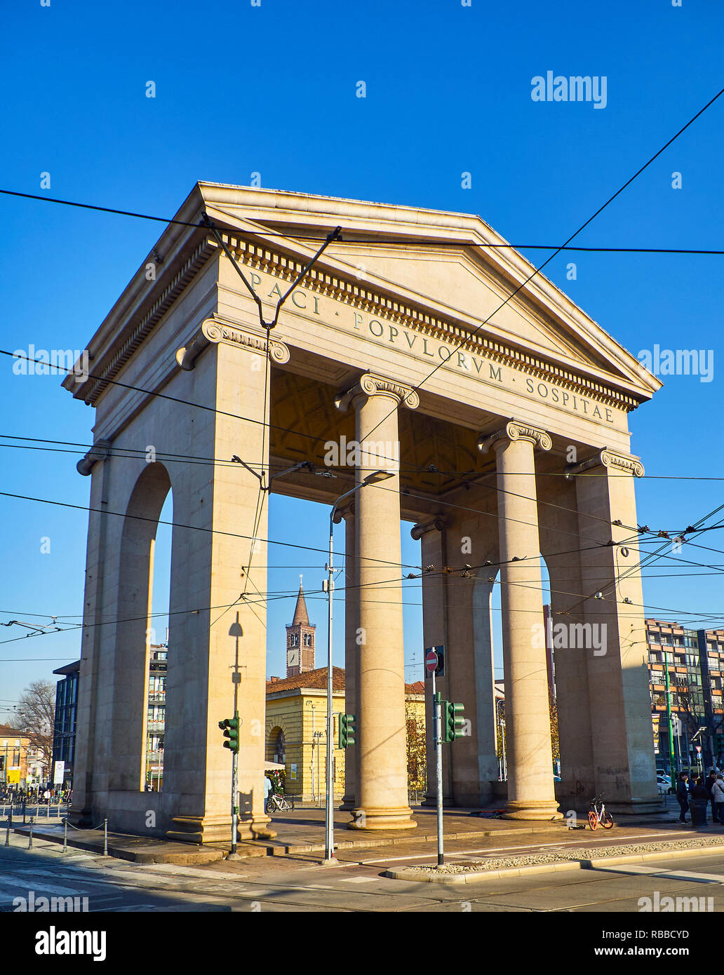 Milan, Italy - December 29, 2018. Porta Ticinese gate. View from Piazza Ventiquattro Maggio square. Milan, Lombardy, Italy. Stock Photo