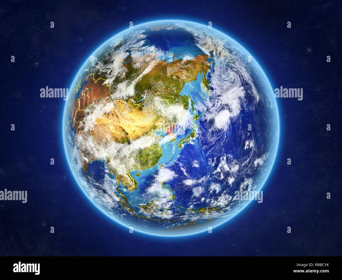 North Korea from space. Planet Earth with country borders and extremely ...