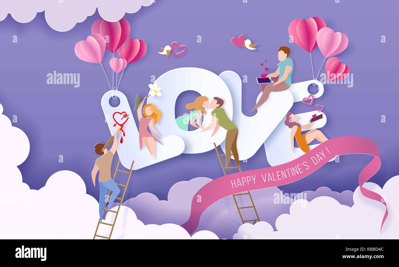 Valentines day card with couple sitting on big letters LOVE and sending red hearts with their smartphones, kissing and painting on purple sky background. Vector paper art illustration. Paper cut style Stock Vector