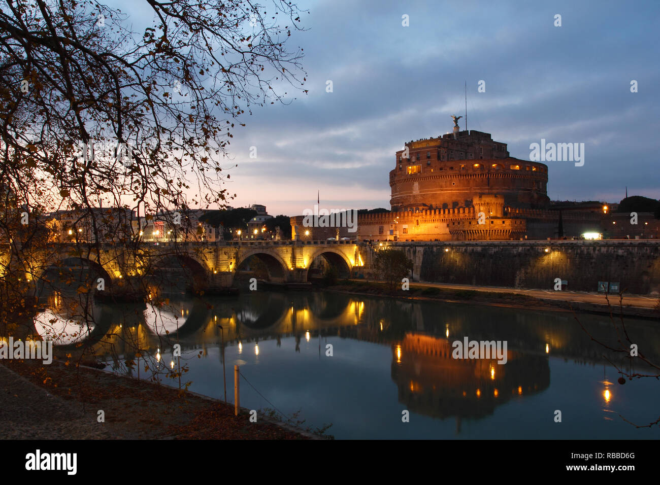 Reflection of Sant'angelo castle at dusk. Rome city Stock Photo
