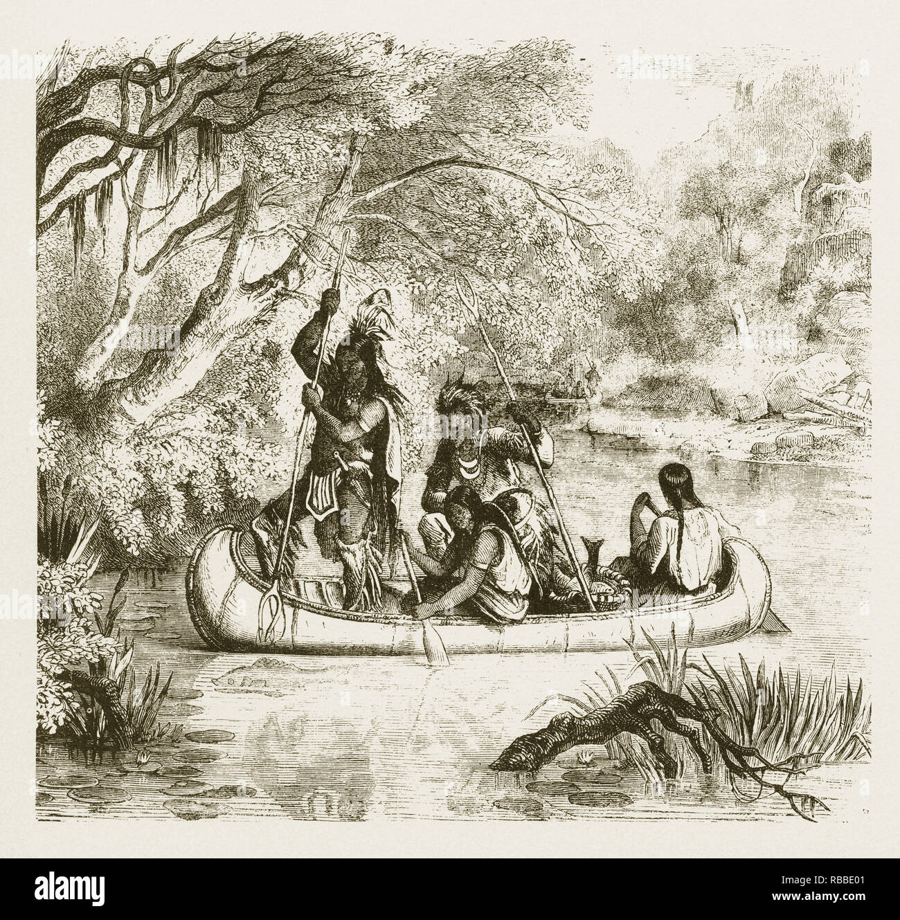 Spear Fishing from a Canoe, American Indians Engraving, 1859 Stock