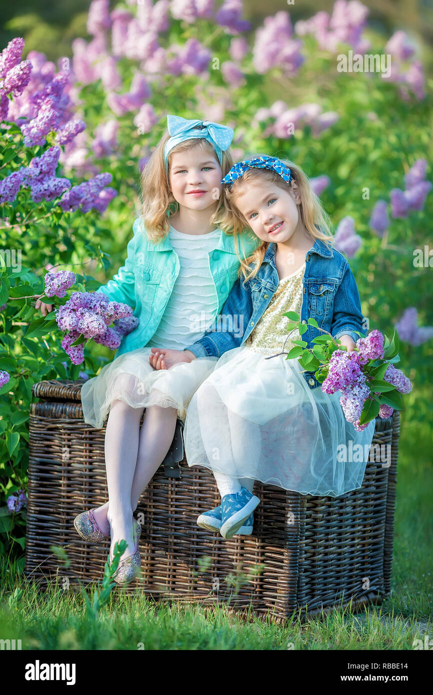 two cute smiling girls sisters lovely together on a lilac field bush all  wearing stylish dresses and jeans coats Stock Photo - Alamy