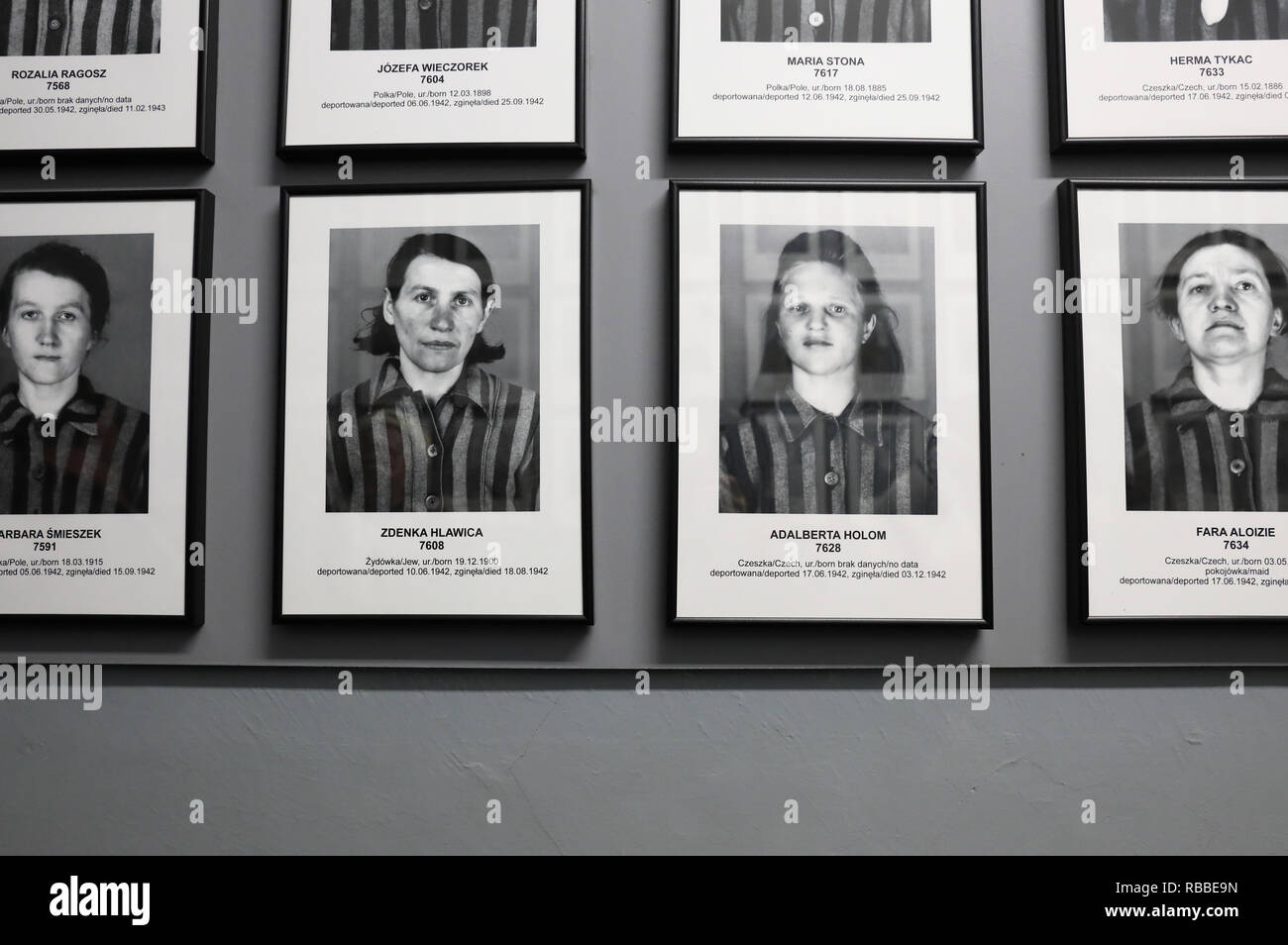 Photos of prisoners line the walls in the moving exhibition at Auschvitz 1 concentration camp in Poland Stock Photo