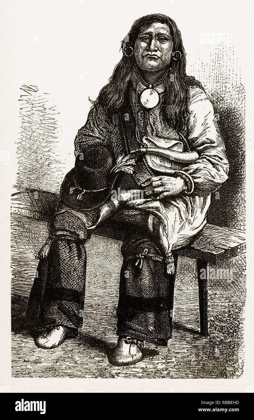 Portrait of aNative American Indian Sitting Engraving, 1891 Stock Photo