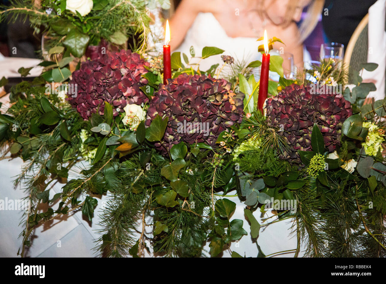 Table decorations on a wedding day ready for the wedding breakfast Stock Photo