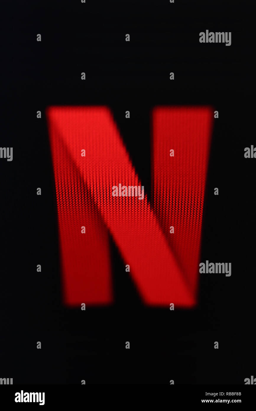 Netflix logo on screen, close-up Stock Photo