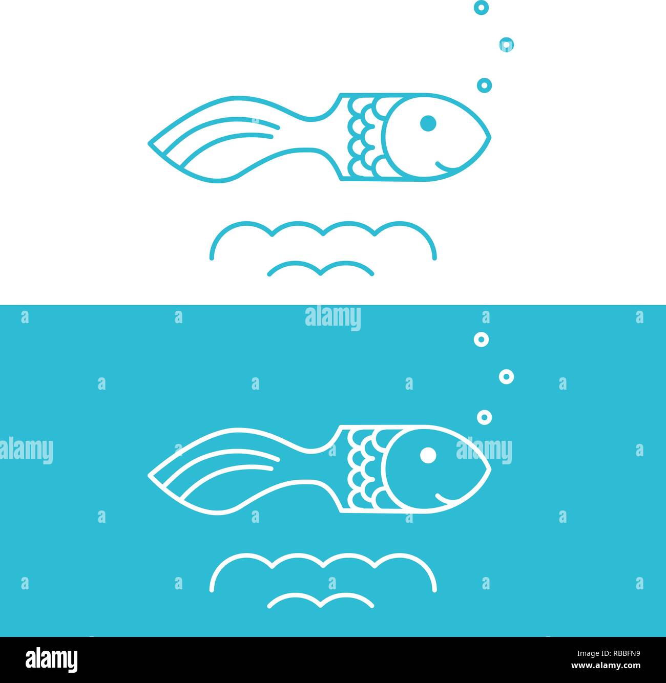 Vector drawing fish on blue and white background, logo for a  restaurant, bar, market, online store, website. Stock Vector