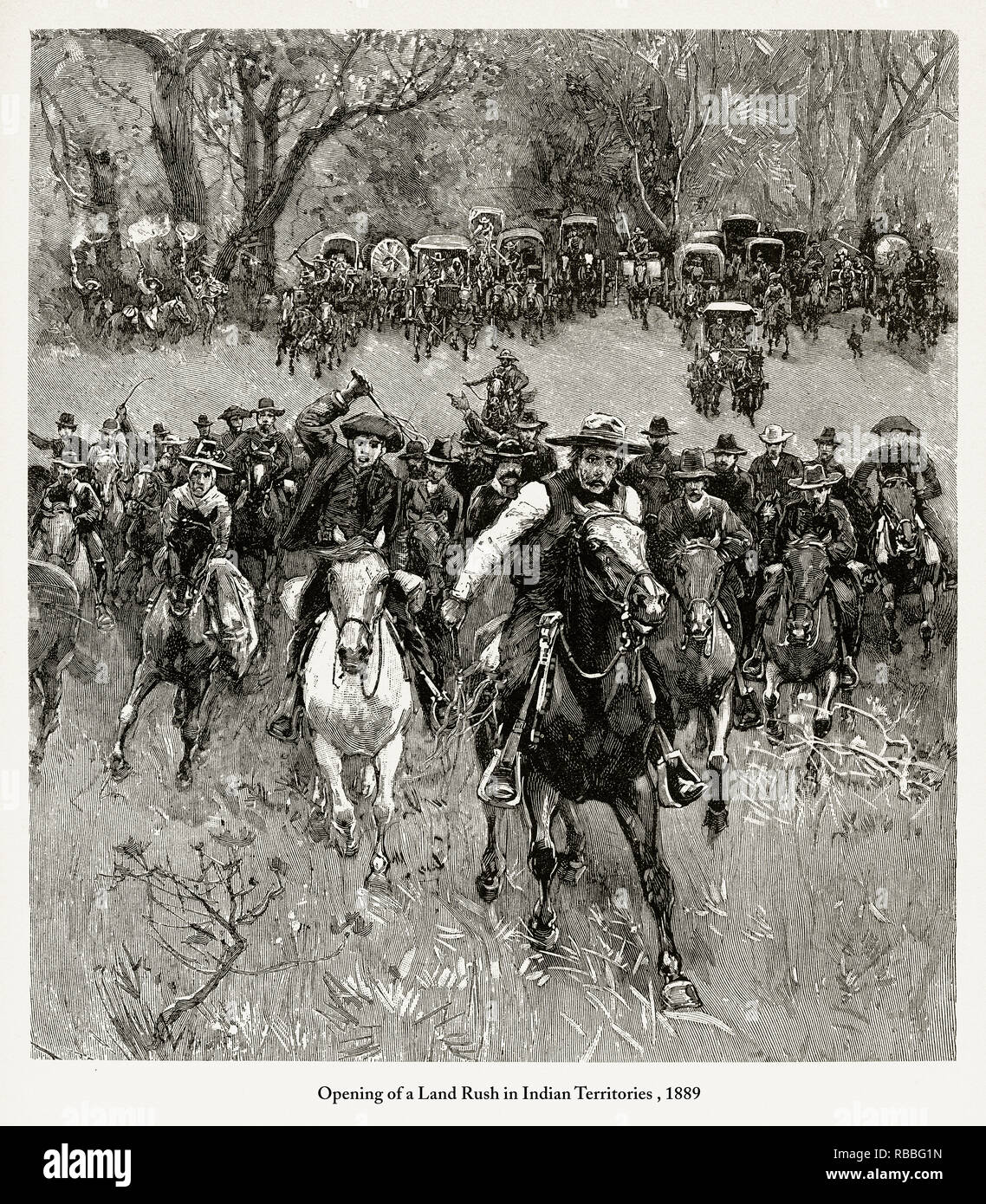 Rush to claim land in oklahoma 1889 hires stock photography and images