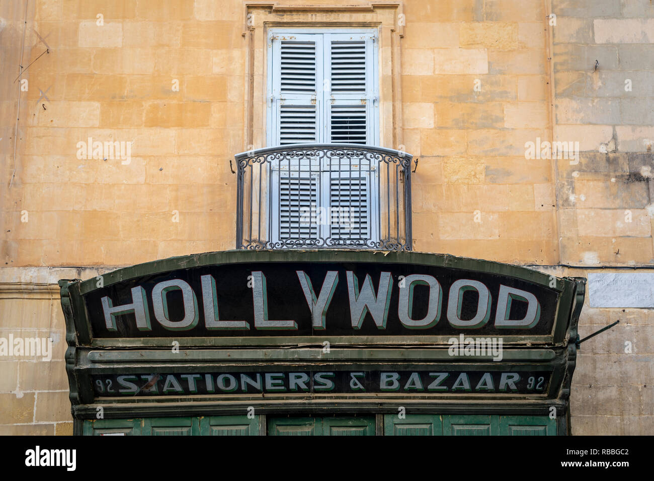 traditional shop front in Valletta malta, Hollywood Stationers & Bazaar. Stock Photo