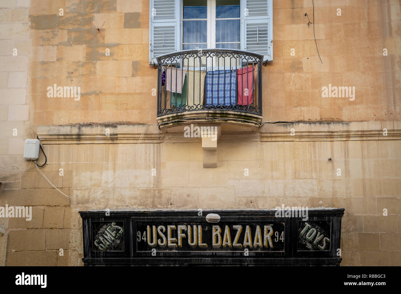 traditional shop front in Valletta malta, Useful Bazaar. Stock Photo