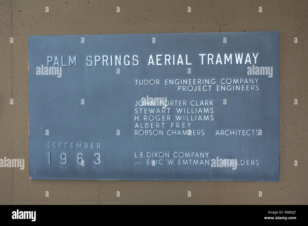 Plaque dedicating the engineers and architects of the Palm Springs Aerial Tramway in September 1963, CA, USA. Stock Photo
