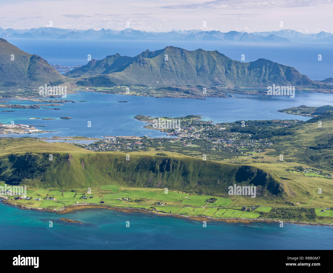 View from top of mountain Stornappstind village Gravdal, farms at the sea shore, Lofoten, Norway Stock Photo