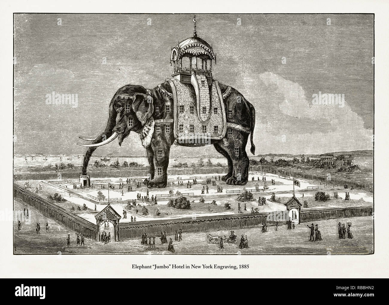 Elephant “Jumbo” Hotel in New York Engraving Stock Photo