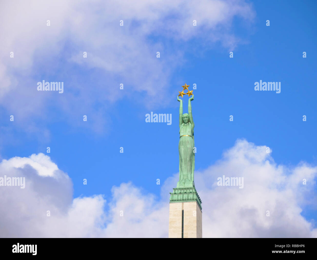 Famous landscape view of statue The Freedom Monument in Latvia Riga old ...