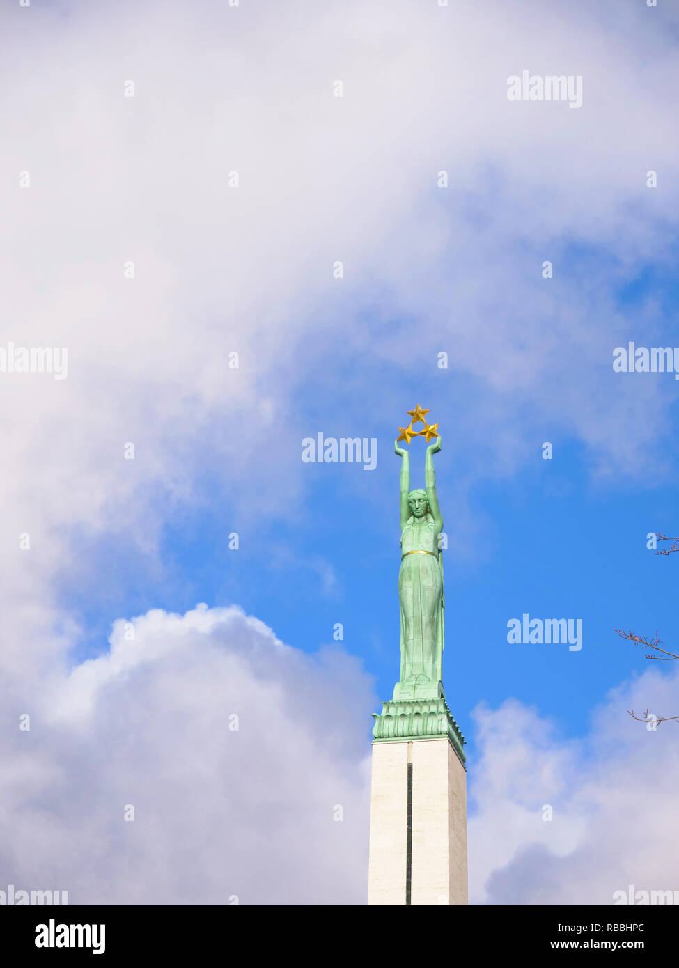 Famous landscape view of statue The Freedom Monument in Latvia Riga old ...