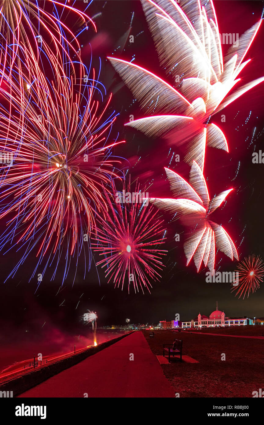 New Year's Eve fireworks above Spanish City, Whitley Bay, North Tyneside, United Kingdom Stock Photo